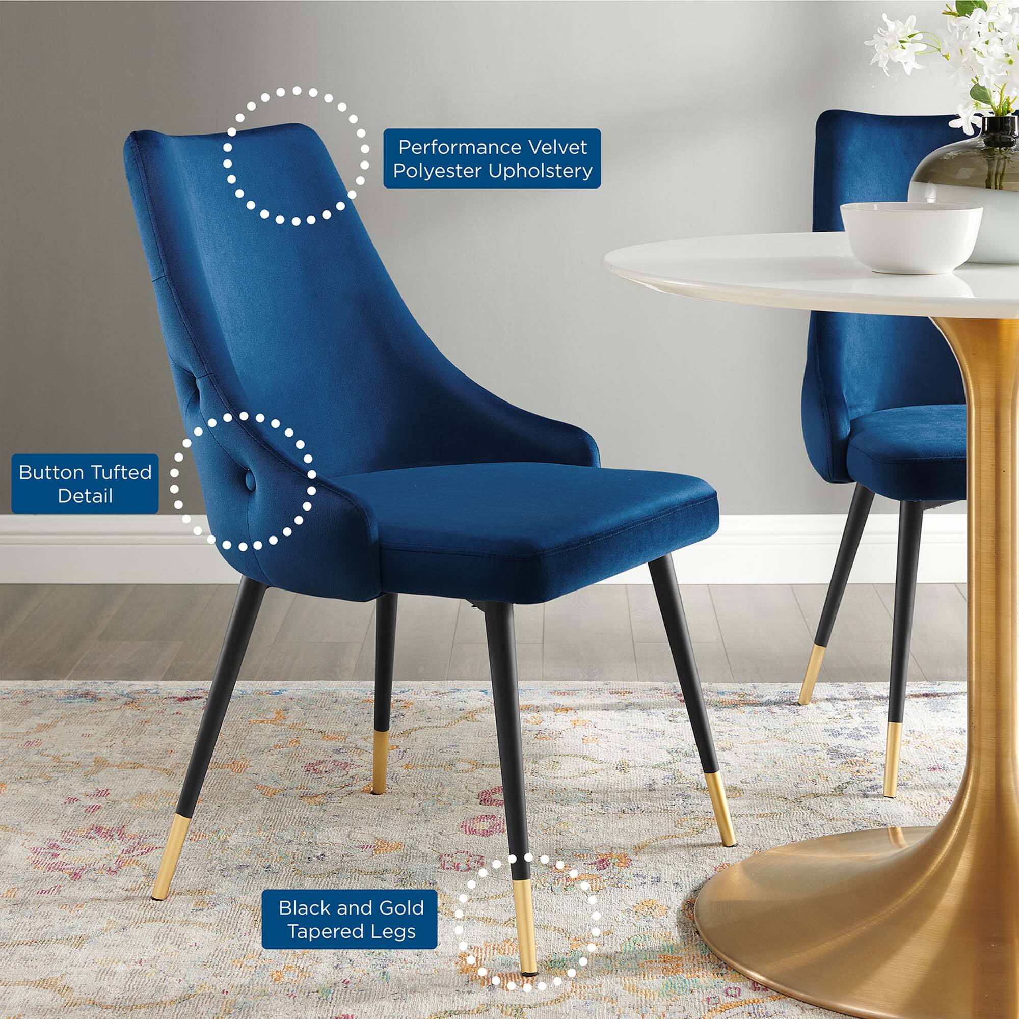 - Performance Velvet Polyester Upholstery
- Button Tufted Detail
- Black and Gold Tapered Legs