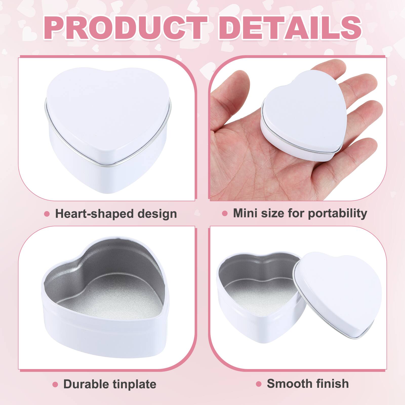 PRODUCT DETAILS

- Heart-shaped design
- Mini size for portability
- Durable tinplate
- Smooth finish