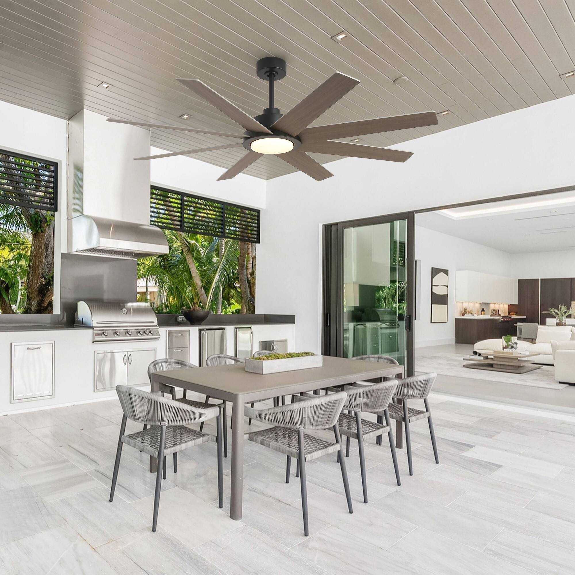 Left. Parrot Uncle - 60" Farmhouse Large Windmill Dimmable Ceiling Fan with Light and Remote - Matte Black.