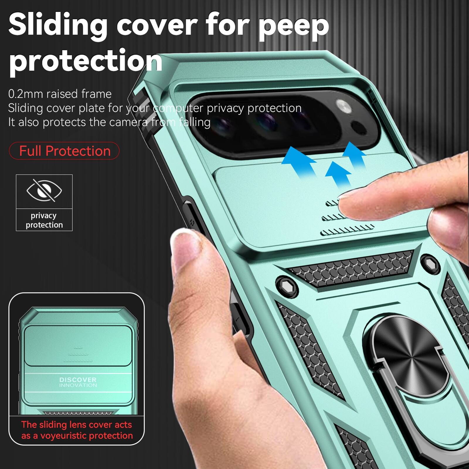 Sliding cover for peep protection  
0.2mm raised frame  
Sliding cover plate for your computer privacy protection  
It also protects the camera from falling  

Full Protection  
privacy protection  
DISCOVER INNOVATION  
The sliding lens cover acts as a voyeuristic protection