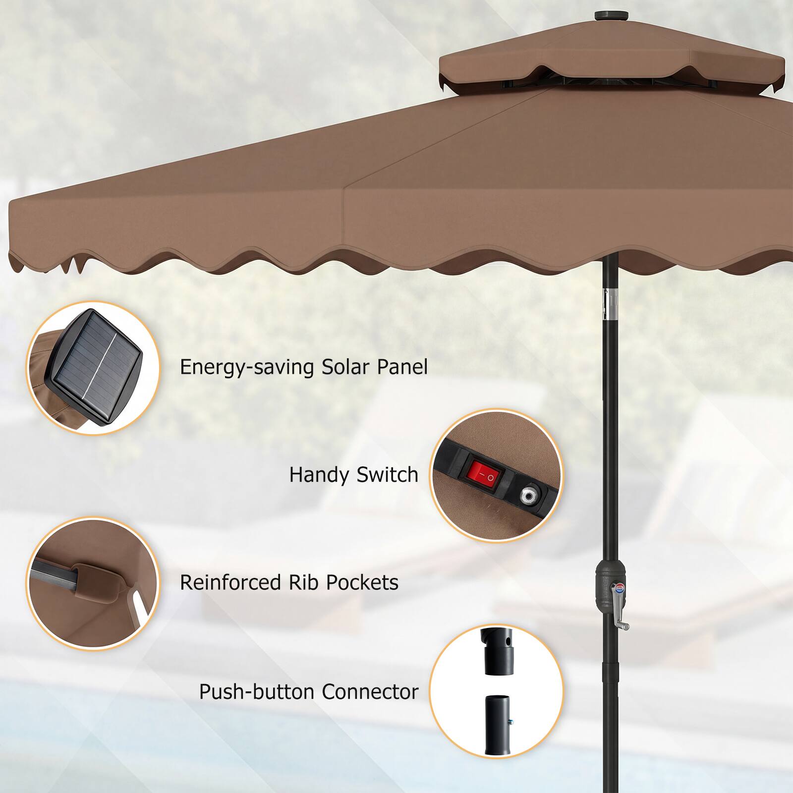 Energy-saving Solar Panel  
Handy Switch  
Reinforced Rib Pockets  
Push-button Connector