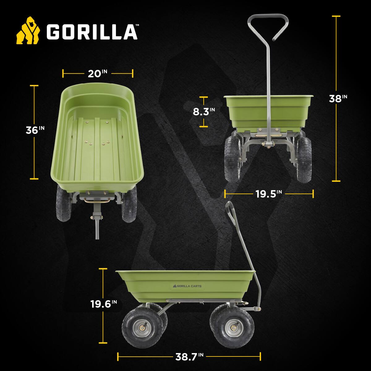 GORILLA 20IN T 8.3IN 36IN 38IN 19.5IN 19.6IN 38.7IN