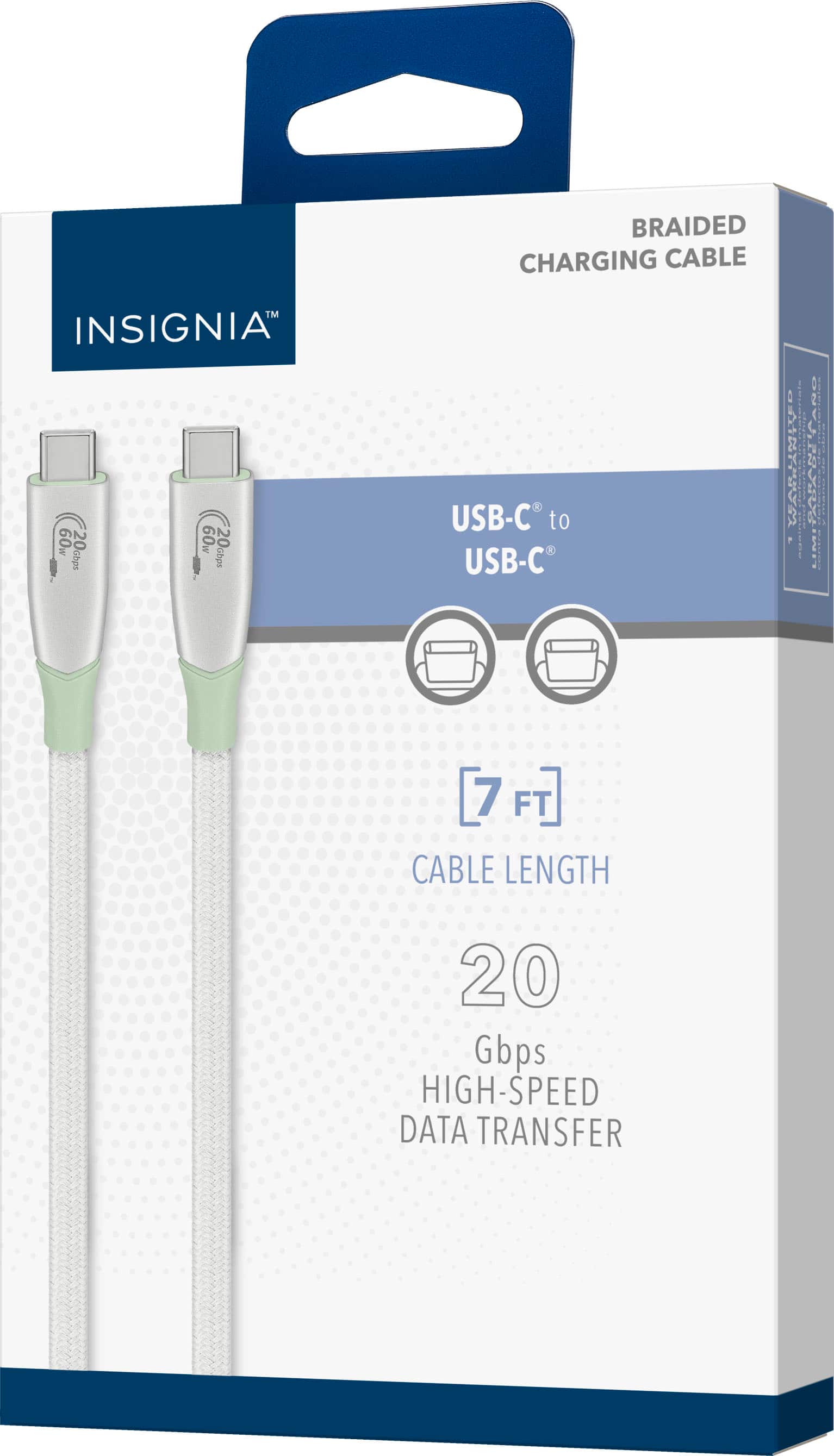 Braided Charging Cable T Insignia 60W 20Gbps 60W 206bps USB-C to USB-C SALHMITED: 2 i | 7 FT CABLE LENGTH 20 Gbps HIGH-SPEED DATA TRANSFER