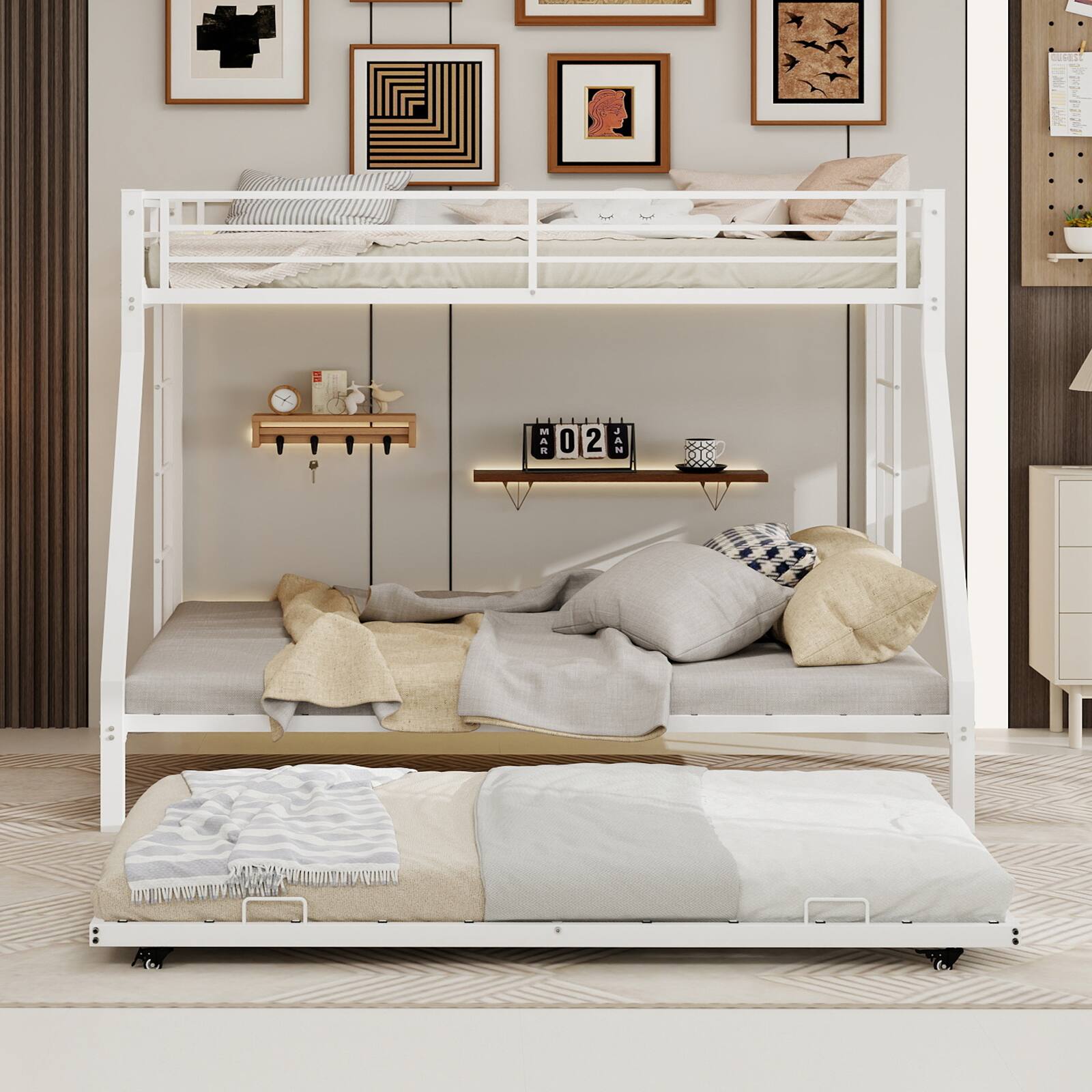 Angle. Loheer - Loheer Metal Triple Bunk Bed Twin Over Full with Twin Trundle White Steel Frame Heavy Duty - White.