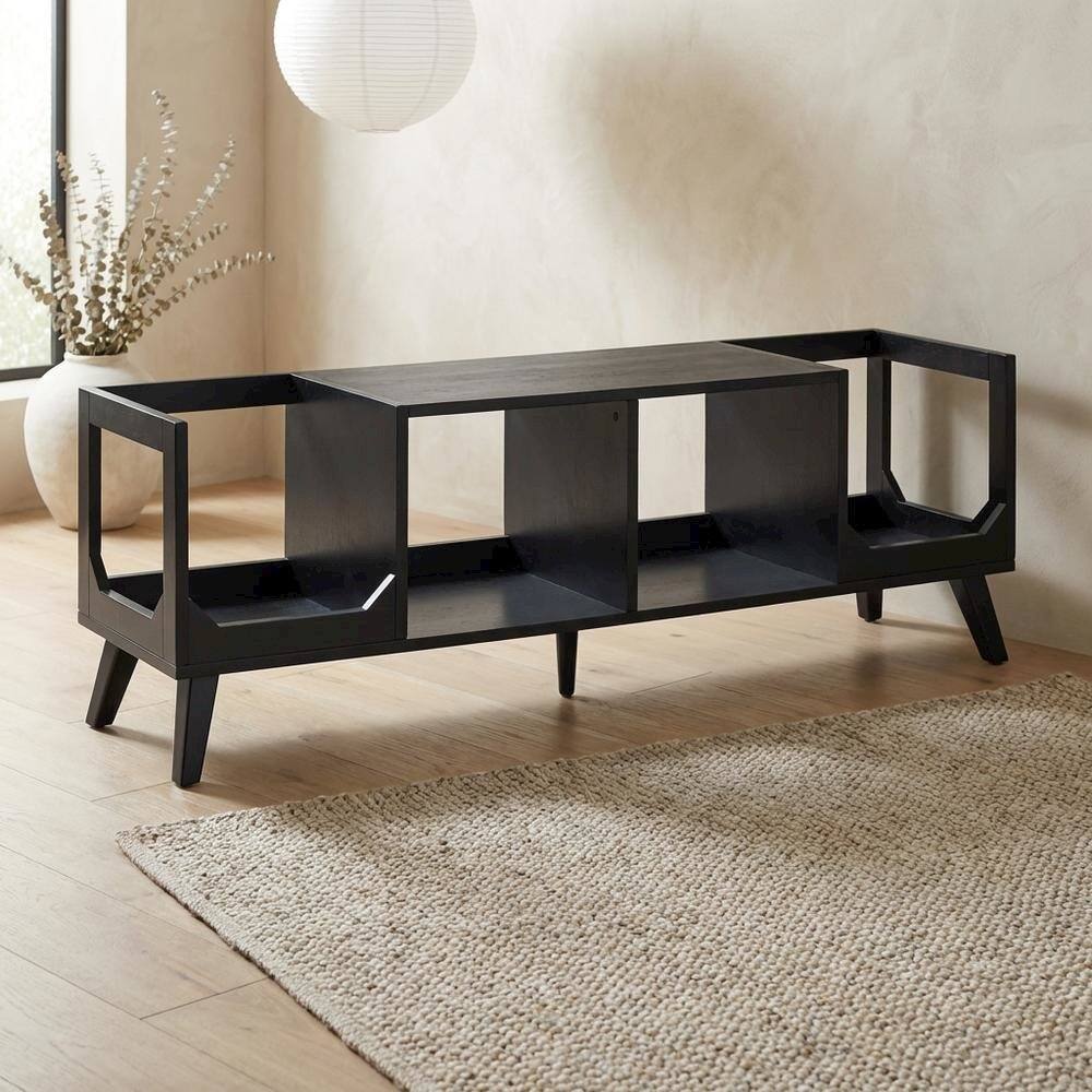 Alt View 4. FurniFact - Wooden Low Record Player Stand with Vinyl Storage and Cable Management - Black.