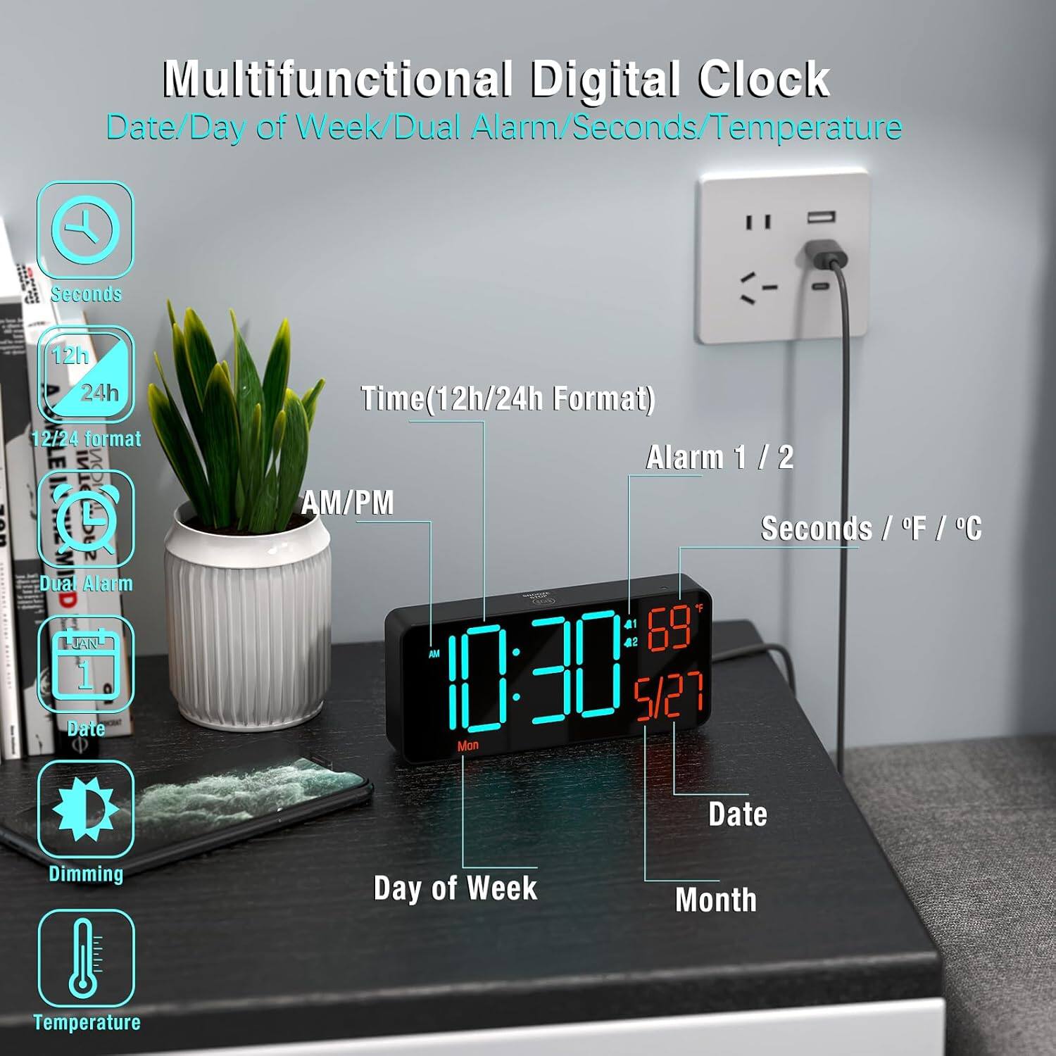 Multifunctional Digital Clock  
Date/Day of Week/Dual Alarm  
Seconds/Time(12h/24h Format)  
Alarm 1/2  
AM/PM  
Seconds / F / C  
Date  
Day of Week  
Month  
Temperature