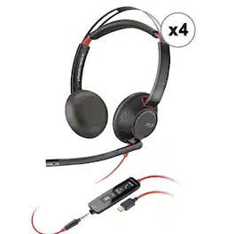 Poly - 4x Blackwire 5220 Stereo Wired Headset Dual Ear USB-A/USB-C & 3.5mm Noise-Canceling Boom Mic, Inline Controls and Case - Black