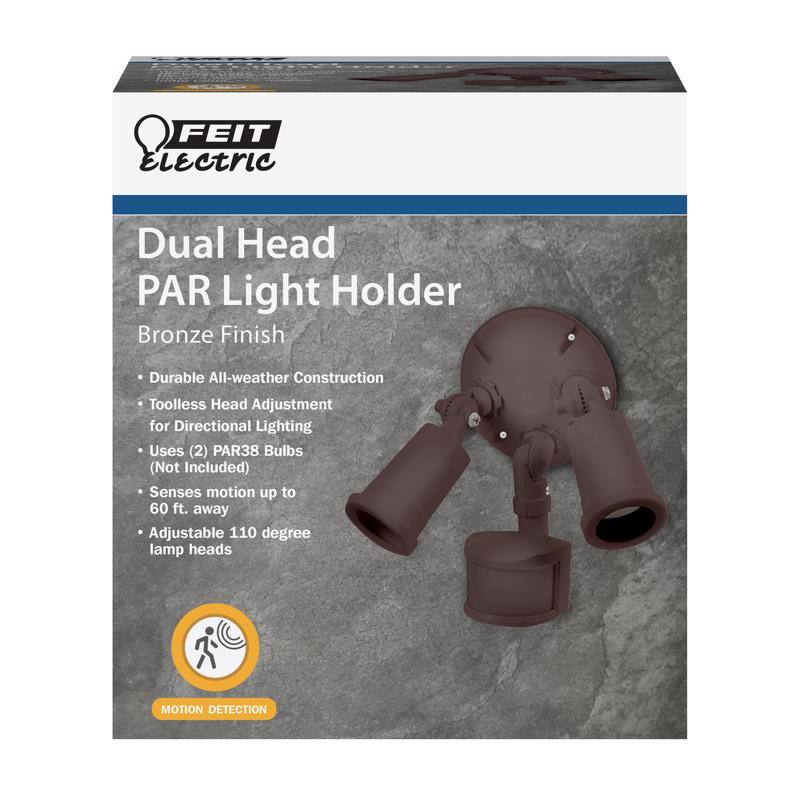 FEIT Electric Dual Head PAR Light Holder  
Bronze Finish  
- Durable All-weather Construction  
- Toolless Head Adjustment for Directional Lighting  
- Uses (2) PAR38 Bulbs (Not Included)  
- Senses motion up to 60 ft. away  
- Adjustable 110 degree lamp heads  
MOTION DETECTION