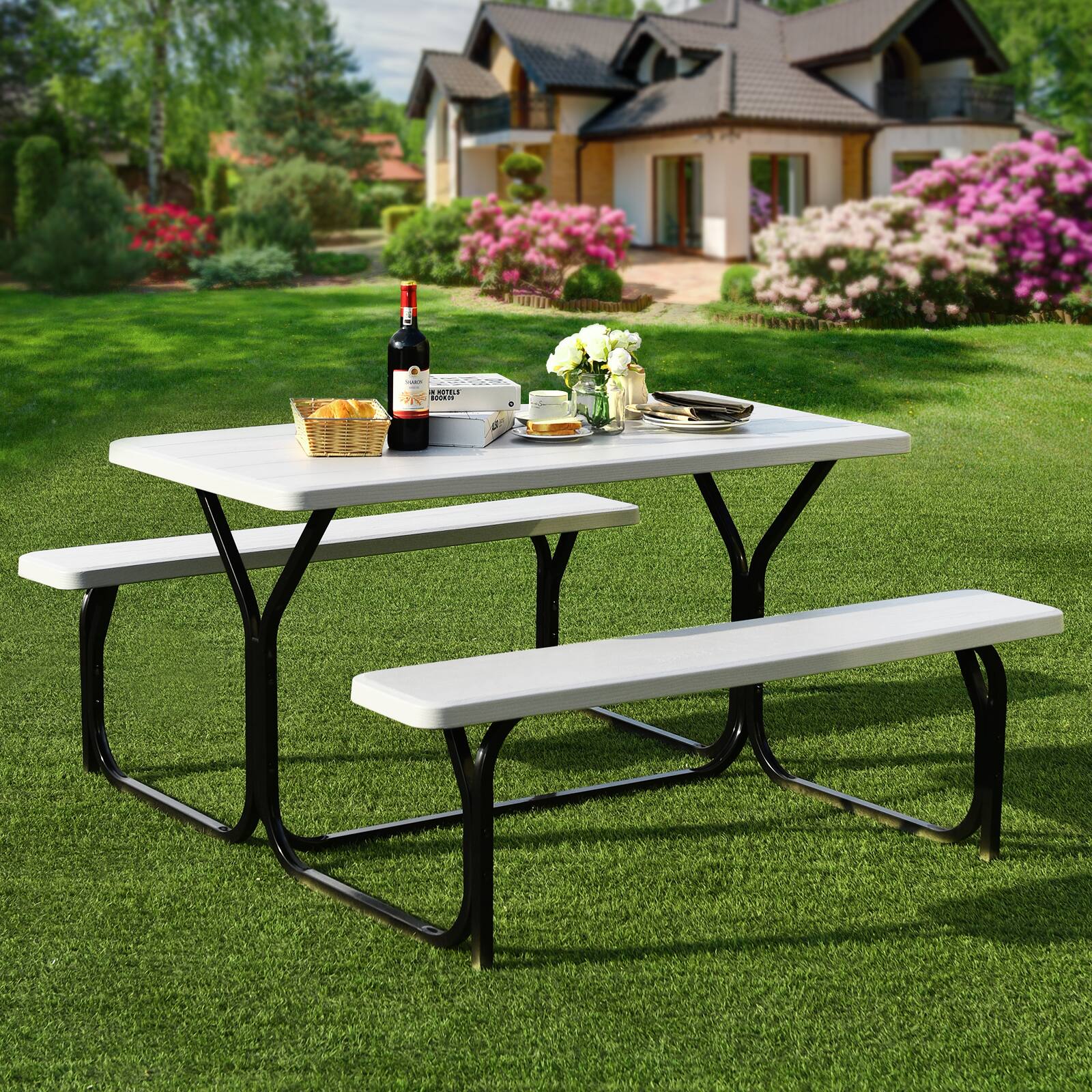 Costway - Picnic Table Bench Set Outdoor Backyard Patio Garden Party Dining All Weather - White