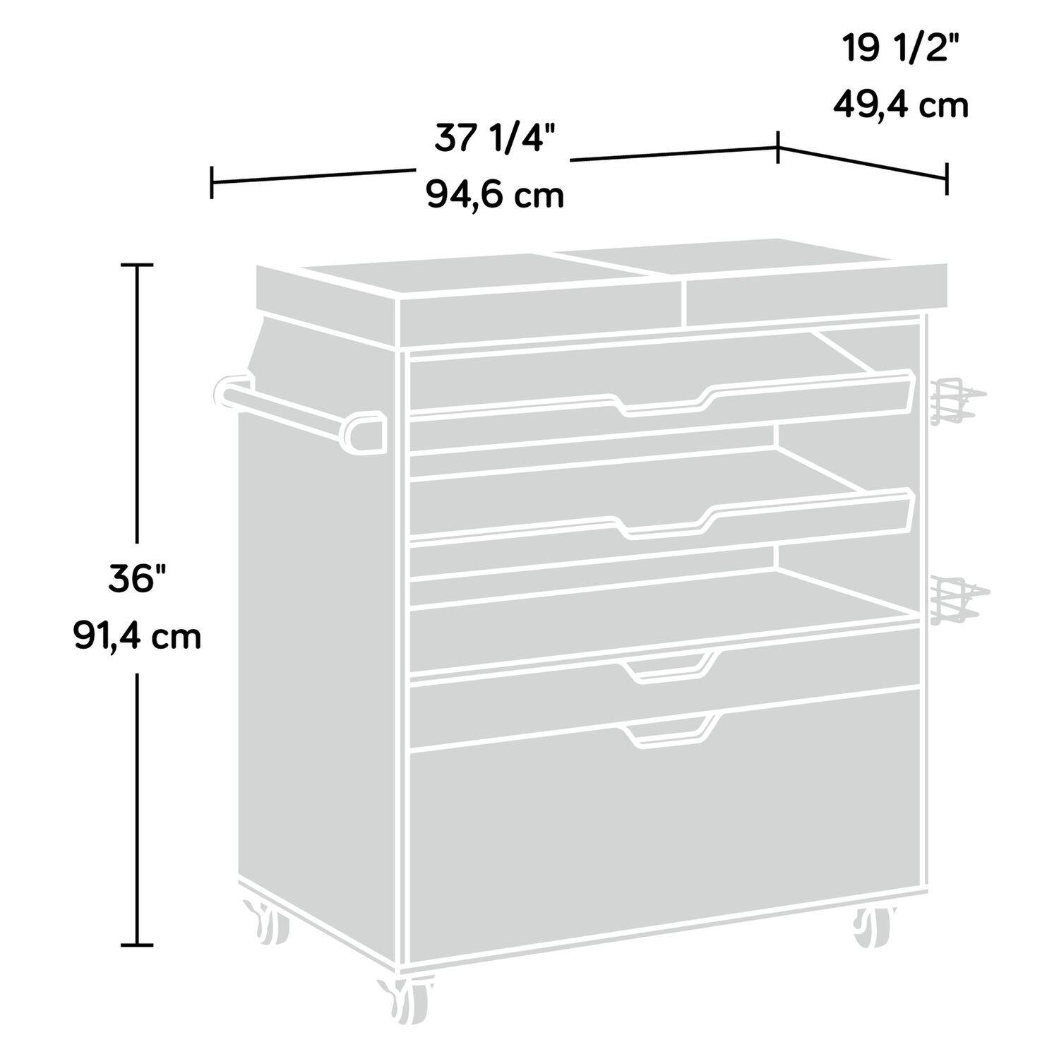 37 1/4" 94,6 cm  
19 1/2" 49,4 cm  
36" 91,4 cm