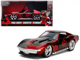 1969 Chevrolet Corvette Stingray "Harley Quinn" "DC Comics" "Hollywood Rides" Series 1/32 Diecast Model Car by Jada - Black And Red