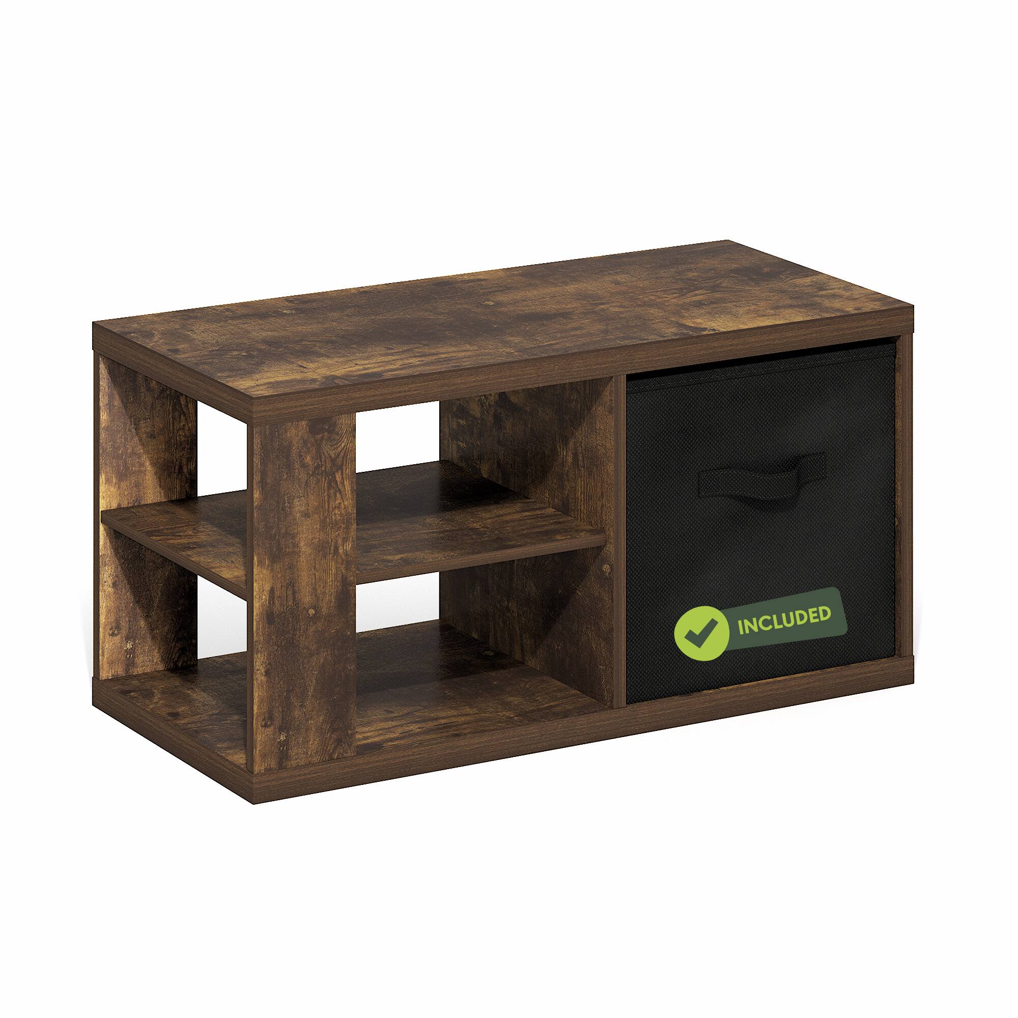 Furinno - Viola Coffee Table, Side Table with Open Shelves and Storage Bin - Amber Pine/Black