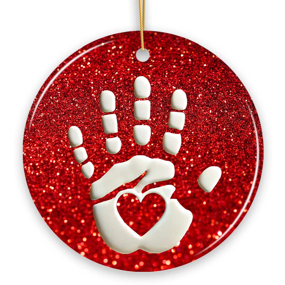 OrnamentallyYou - Baby Handprint in Red Glitter Themed Ornament, Christmas Nursery Keepsake and Tree Decor - Multi-colored