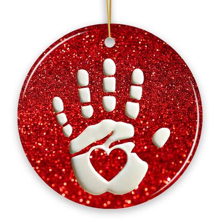 Front. OrnamentallyYou - Baby Handprint in Red Glitter Themed Ornament, Christmas Nursery Keepsake and Tree Decor - Multi-colored.