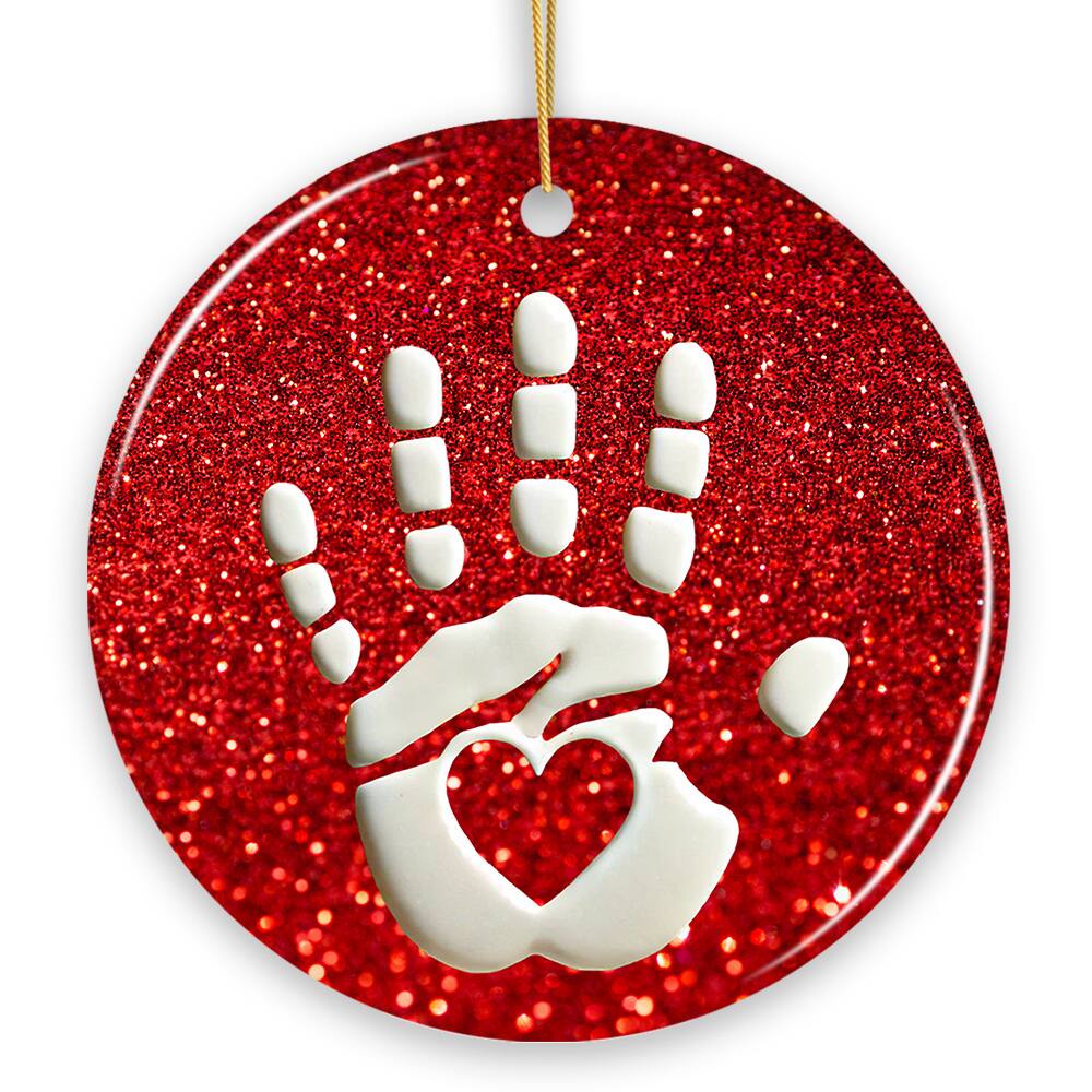 Front. OrnamentallyYou - Baby Handprint in Red Glitter Themed Ornament, Christmas Nursery Keepsake and Tree Decor - Multi-colored.