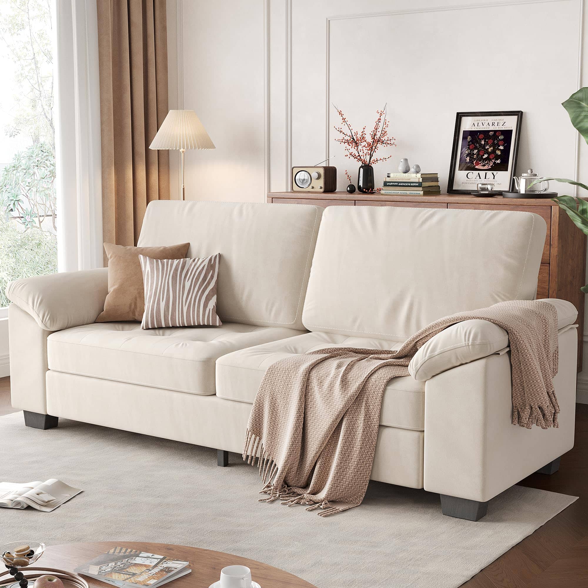 Jojoka - 90" Modern Oversized Loveseat, Velvet Button-Tufted Sofa Couch w/Plush Armrests, Washable Cushions - Beige