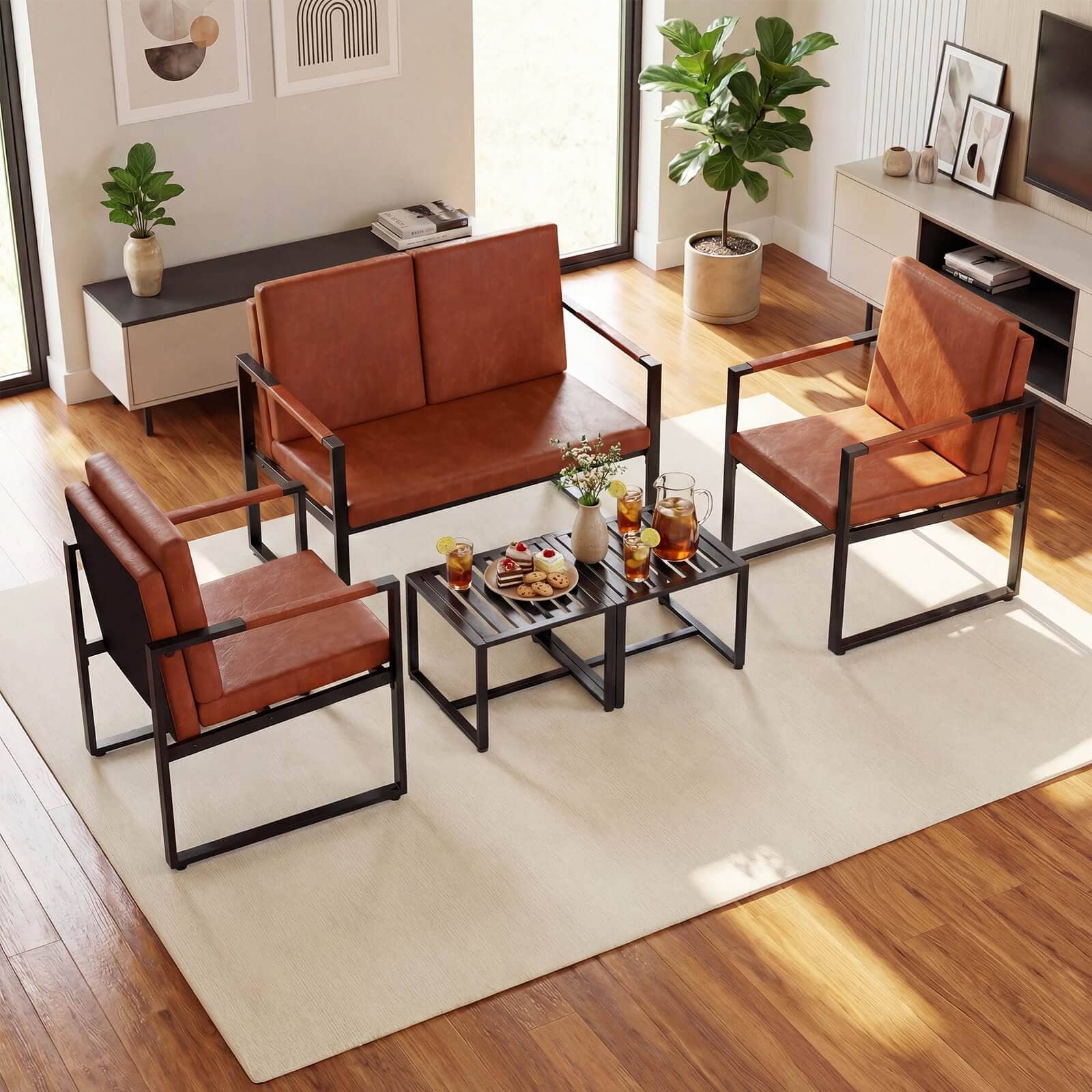Costway - 5 PCS Living Room Set with Loveseat, 2 Accent Chairs, 2 Coffee Tables, Cushions - Brown + Black