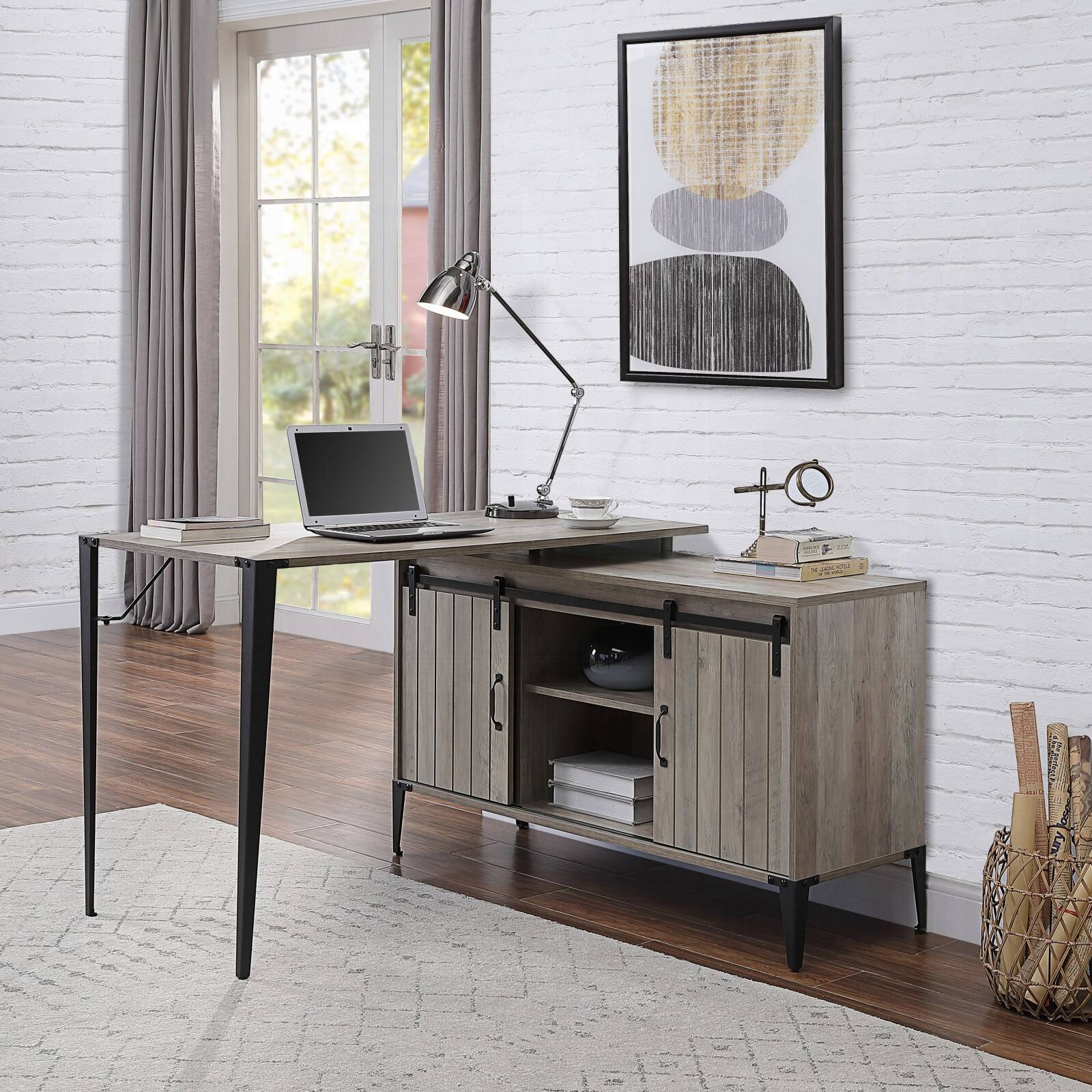 Alt View 1. Glintex - 48" Rustic L-Shaped Writing Desk, Sliding Barn Door Storage, Built-In Cord Management, Sturdy Black Metal Legs - Grey+Black.