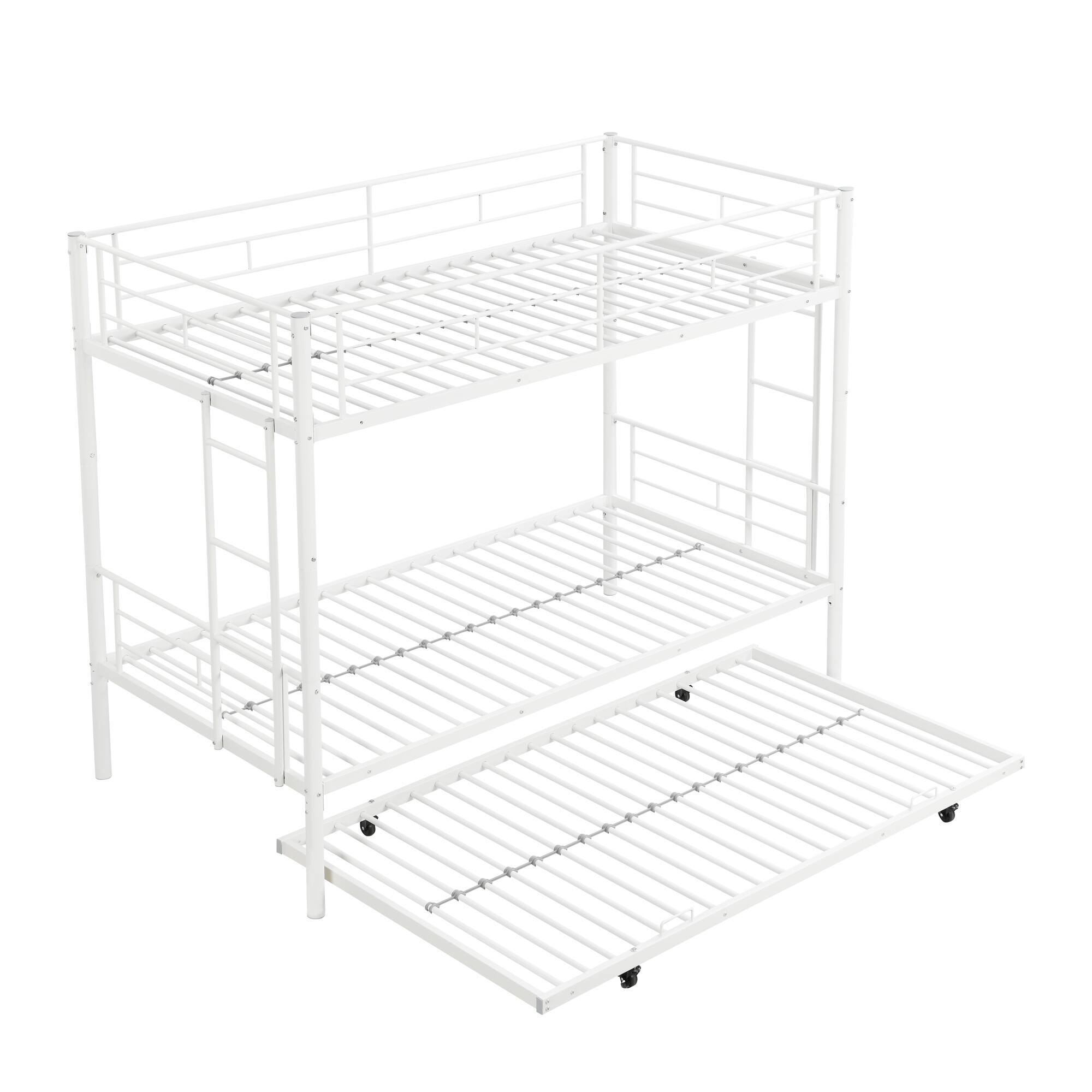 Back. GOODSILO - Modern Metal Bunk Bed with Trundle - Space-Saving Sleeper Solution for Kids and Teens - White.