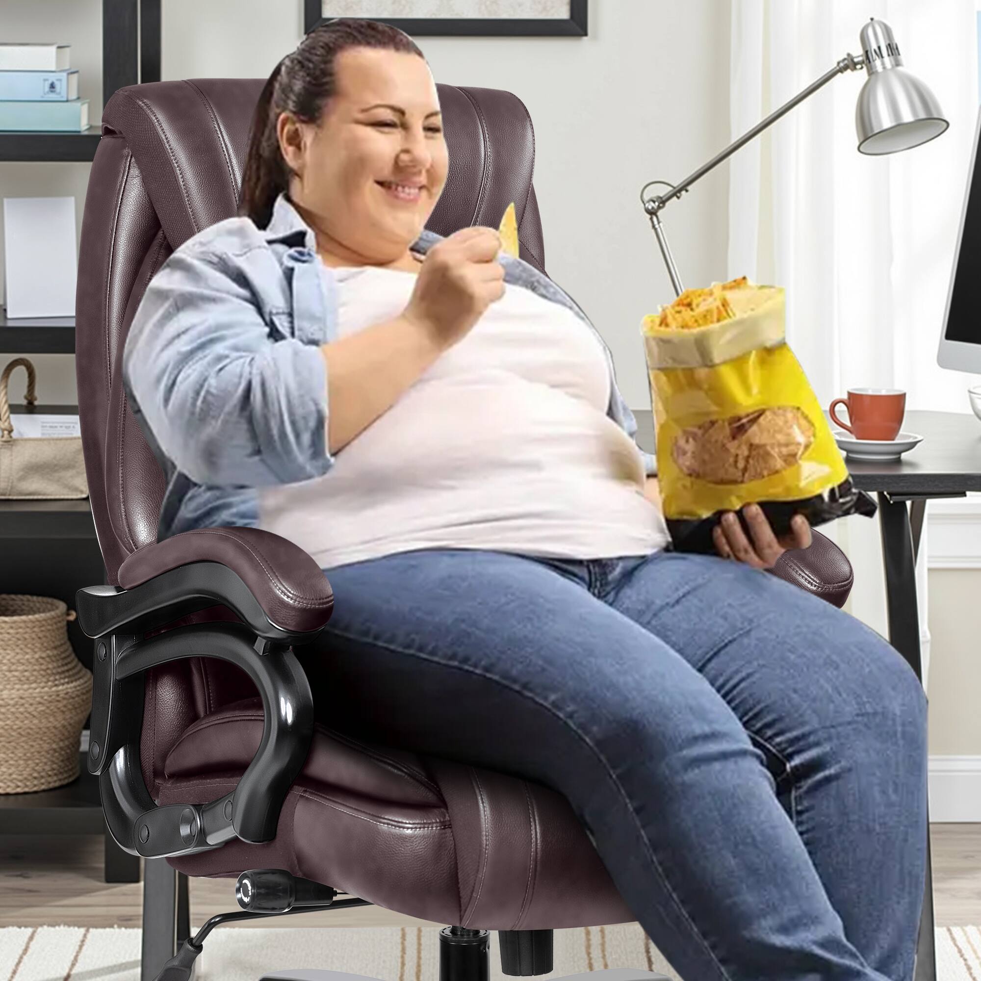 Left. Brick Attic - Heavy Duty Leather Executive Office Chair with Adjustable Ergonomic Lumbar Support & Thick Padded Wide Cushion Seat - Brown.