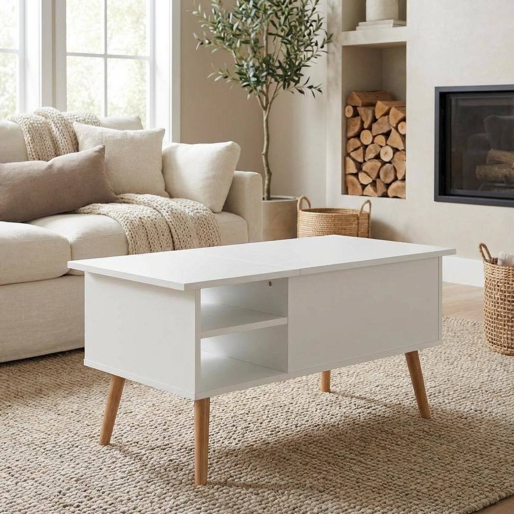 Left. FurniFact - Lift Top Coffee Table Solid White with Wooden Legs and Storage Space - Solid White.