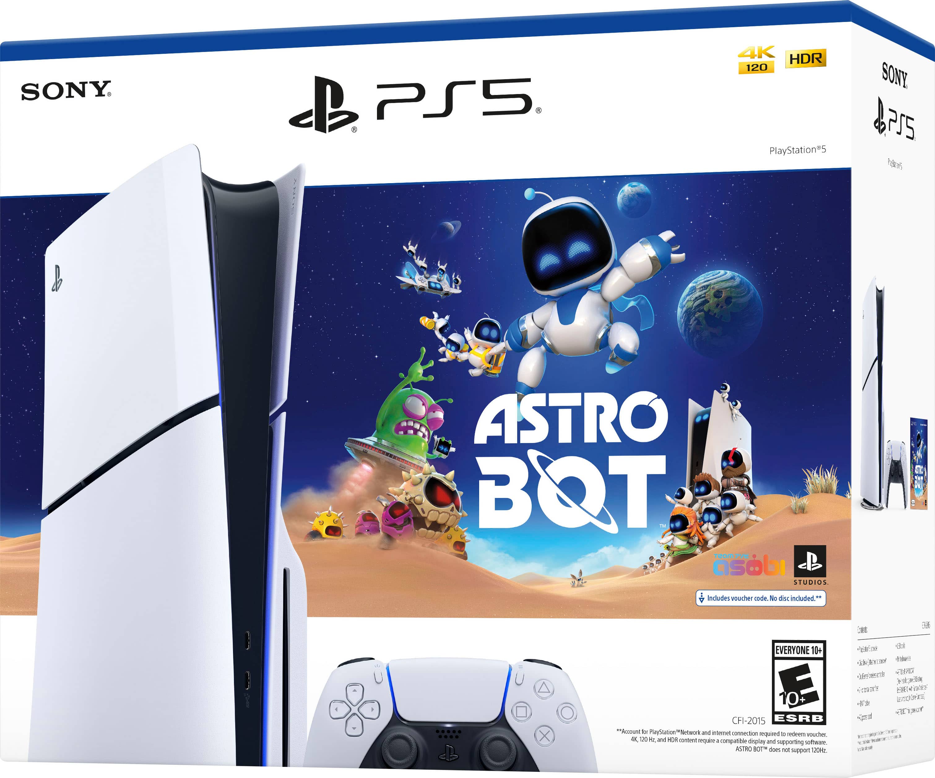 SONY. PS5. 4K HDR 120 PlayStation*5 SONY 7S5 n ASTRO BOT - asobi STUDIOS Includes oucher code No du ncuded 3 EVERYONE 10+ 10+ CFI-2015 ESRB Acount - PayStationmter titeod and anternet conmetoo reguied redeem a.hn - E - and HOR -ae compatible dnglas and onitoop somware ALIR 80T -ors - wepor UOH n di ada - DNT 1 n nigs ntn\_tote * CY Sad