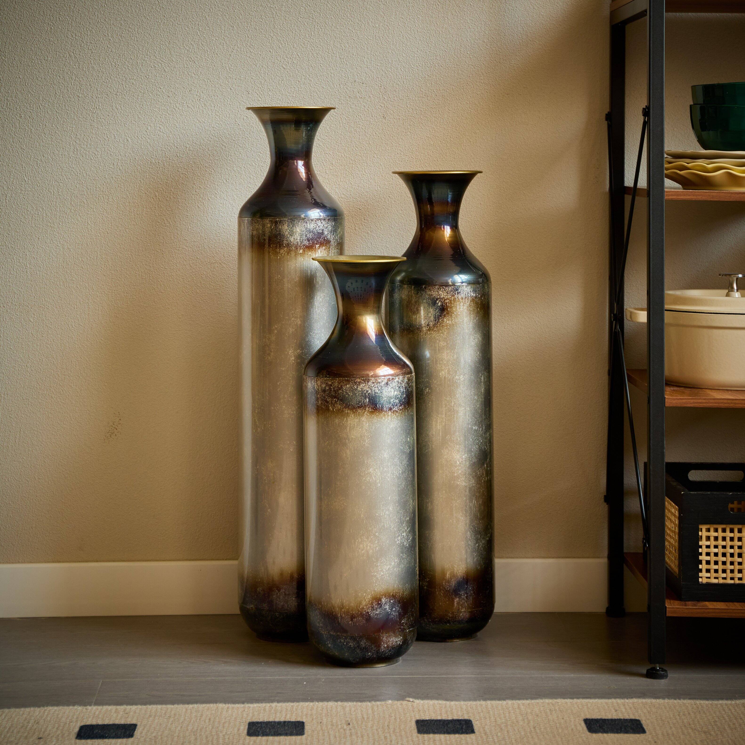 Back. Anysun - Hand-Forged Metal Vases Set of 3 - Burnt Finish Rustic Floor Vases, 28.34/24.4/20.4 Inch for Farmhouse Decor - Gold.