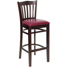 Emma + Oliver - Vertical Slat Back Wooden Restaurant Dining Barstool - Burgundy Vinyl Seat/Walnut Wood Frame