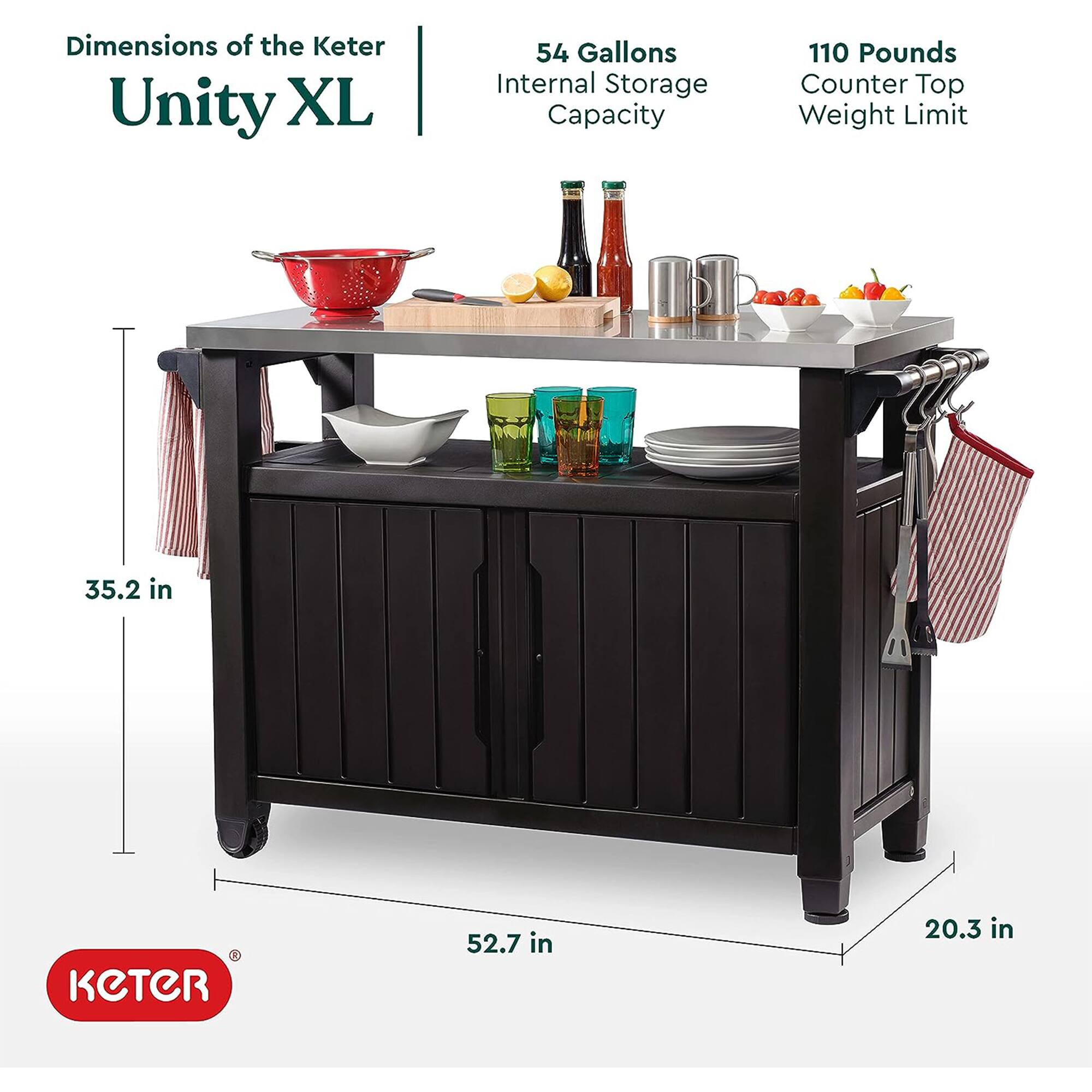 Dimensions of the Keter Unity XL

- 54 Gallons Internal Storage Capacity
- 110 Pounds Counter Top Weight Limit

Dimensions:
- 35.2 in (height)
- 52.7 in (length)
- 20.3 in (depth)
