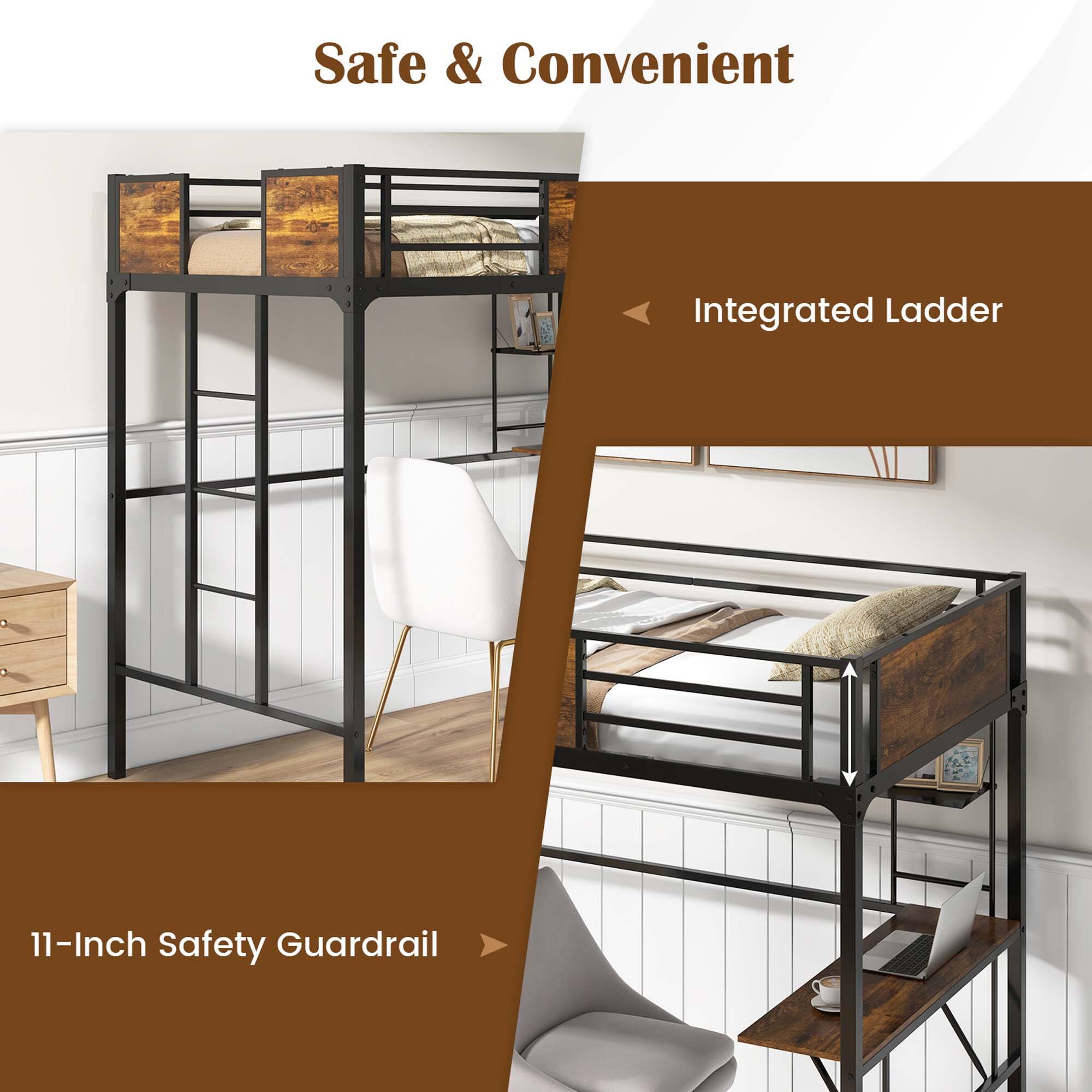 Alt View 7. Costway - Costway Twin Size Loft Bed with Desk & Shelf Safety Guardrail & Ladder Space-Saving - Rustic Brown,Black.