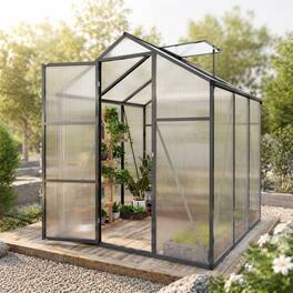 RYHNUYNE - 6x6 ft Walk-in Polycarbonate Greenhouse, Aluminum Frame, Raised Base, Anchor Kit, Drainage Gutter