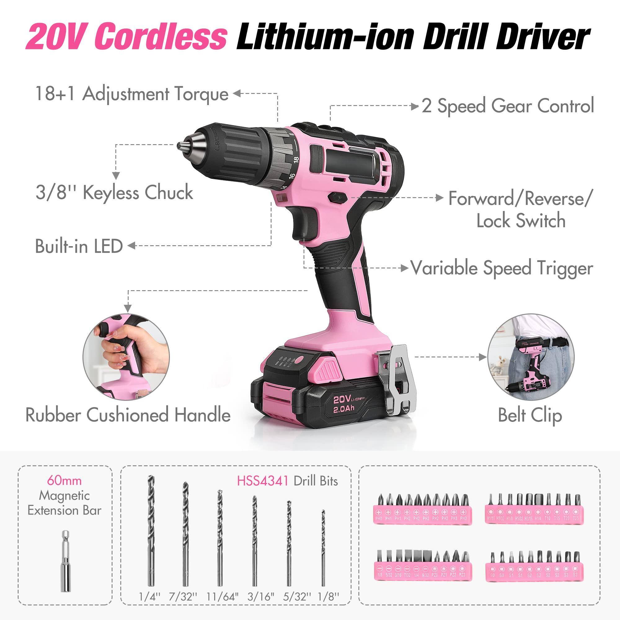 20V Cordless Lithium-ion Drill Driver

- 18+1 Adjustment Torque
- 3/8" Keyless Chuck
- Built-in LED
- 2 Speed Gear Control
- Forward/Reverse/Lock Switch
- Variable Speed Trigger
- Rubber Cushioned Handle
- Belt Clip

Includes:
- 60mm Magnetic Extension Bar
- HSS4341 Drill Bits: 1/4", 7/32", 11/64", 3/16", 5/32", 1/8"