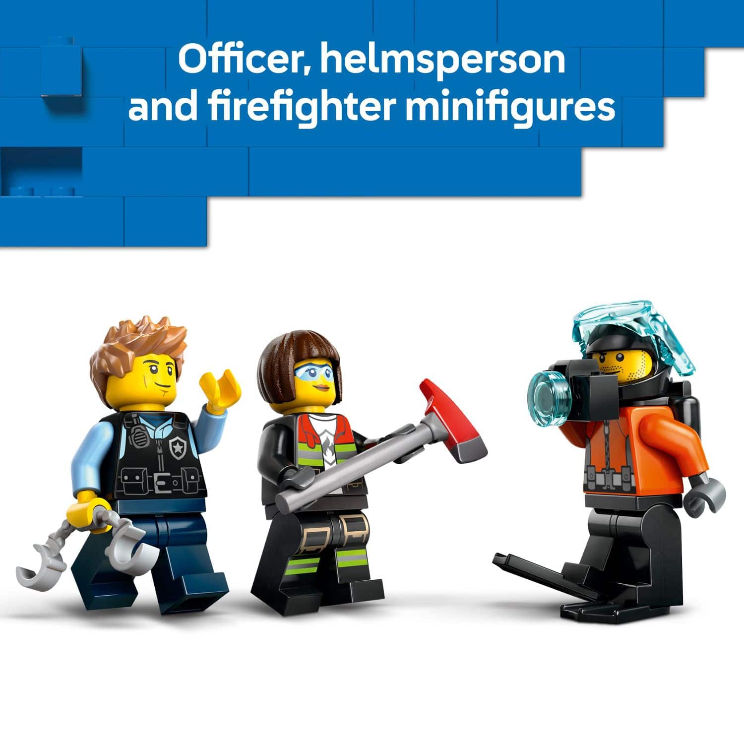 Officer, helmsperson, and firefighter minifigures.