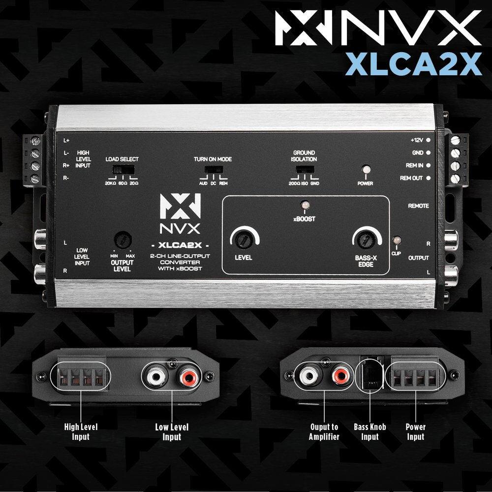 MNVX XLCA2X

- L+ HIGH LEVEL INPUT
- L- LOW LEVEL INPUT
- R+ HIGH LEVEL INPUT
- R- LOW LEVEL INPUT
- LOAD SELECT
- TURN ON MODE
- GROUND ISOLATION
- GND
- REM IN
- REM OUT
- POWER
- REMOTE
- BASS-X EDGE
- CLIP
- OUTPUT
- 2-CH LINE-OUTPUT CONVERTER WITH BOOST
- LEVEL
- xBOOST

2000 IO BND

- High Level Input
- Low Level Input
- Output to Amplifier
- Bass Knob Input
- Power Input