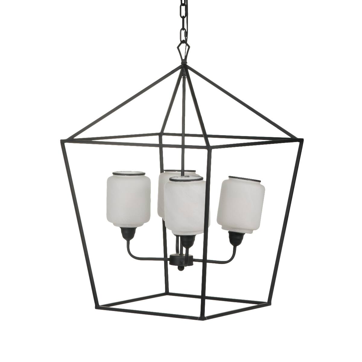 Front. Loheer - Loheer Black Iron Chandelier with Opaque Glass, Industrial Hanging Light Fixture for Dining Room and Entryway.