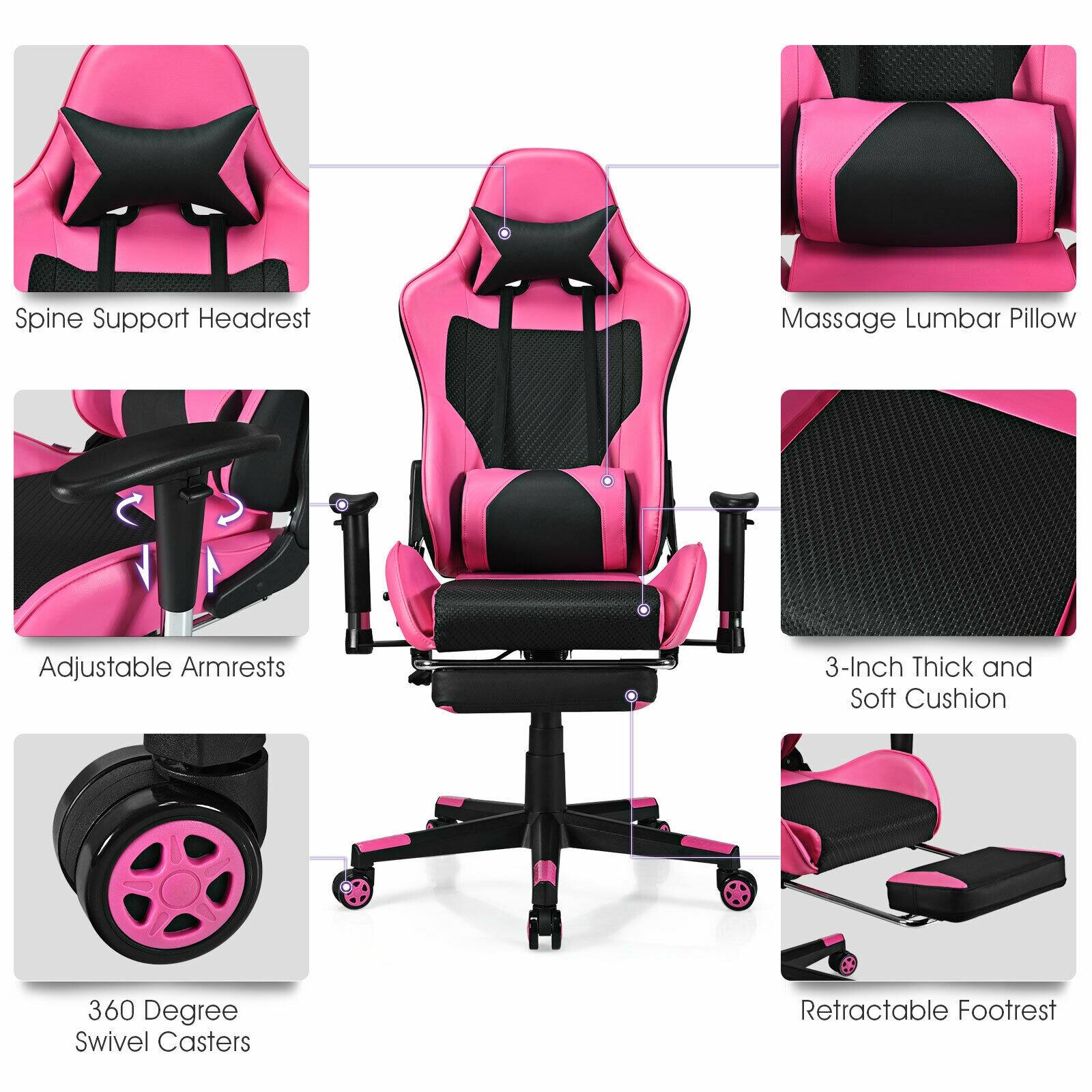 Spine Support Headrest  
Massage Lumbar Pillow  
Adjustable Armrests  
3-Inch Thick and Soft Cushion  
360 Degree Swivel Casters  
Retractable Footrest