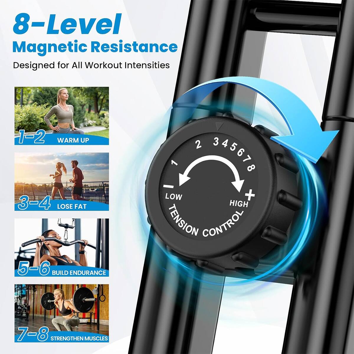 8-Level Magnetic Resistance Designed for All Workout Intensities

1-2 WARM UP  
3-4 LOSE FAT  
5-6 BUILD ENDURANCE  
7-8 STRENGTHEN MUSCLES

2 345678 LOW + HIGH TENSION CONTROL