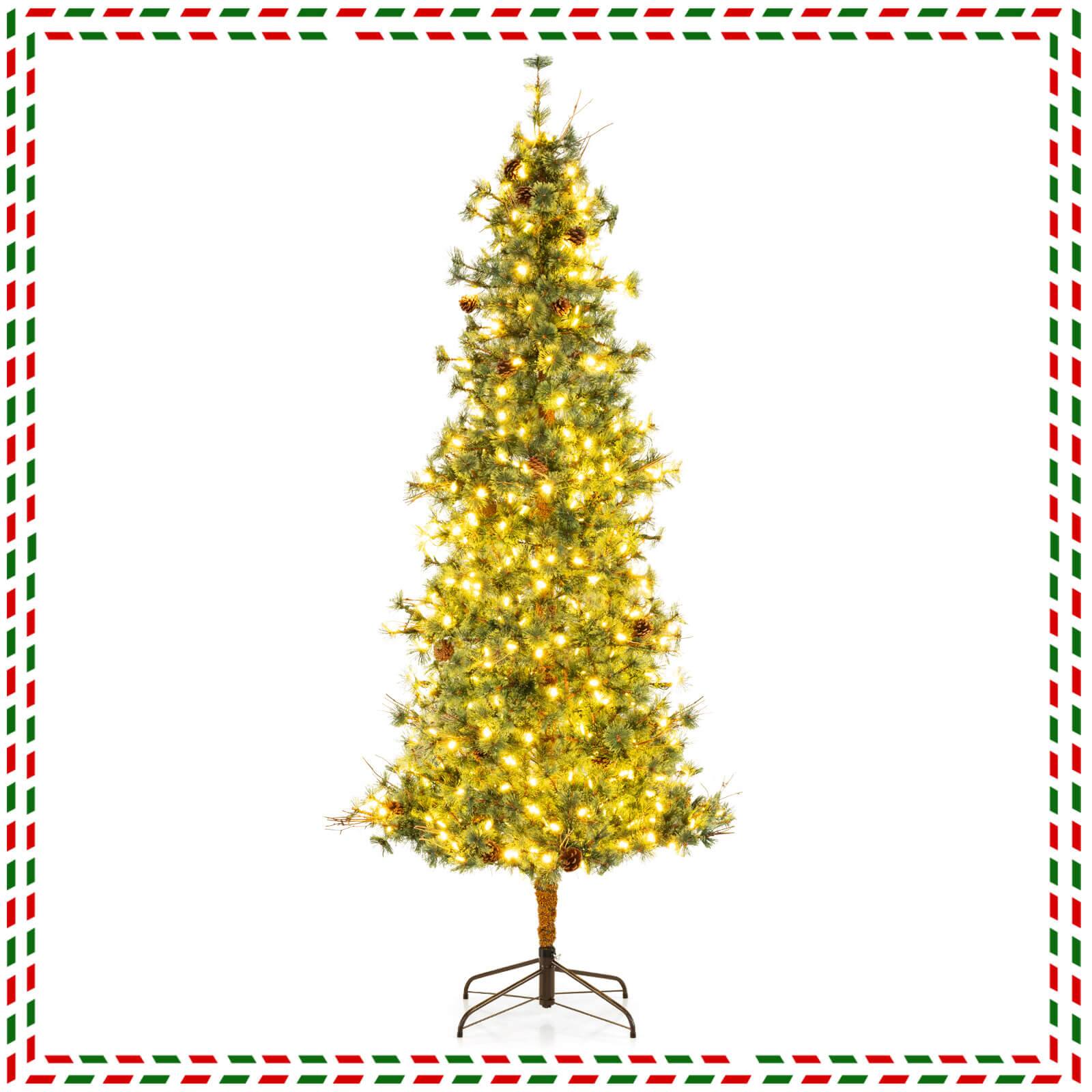 Costway - 8 FT Artificial Christmas Tree with 702 Branch Tips, 36 Pine Cones & 400 LED Lights - Green