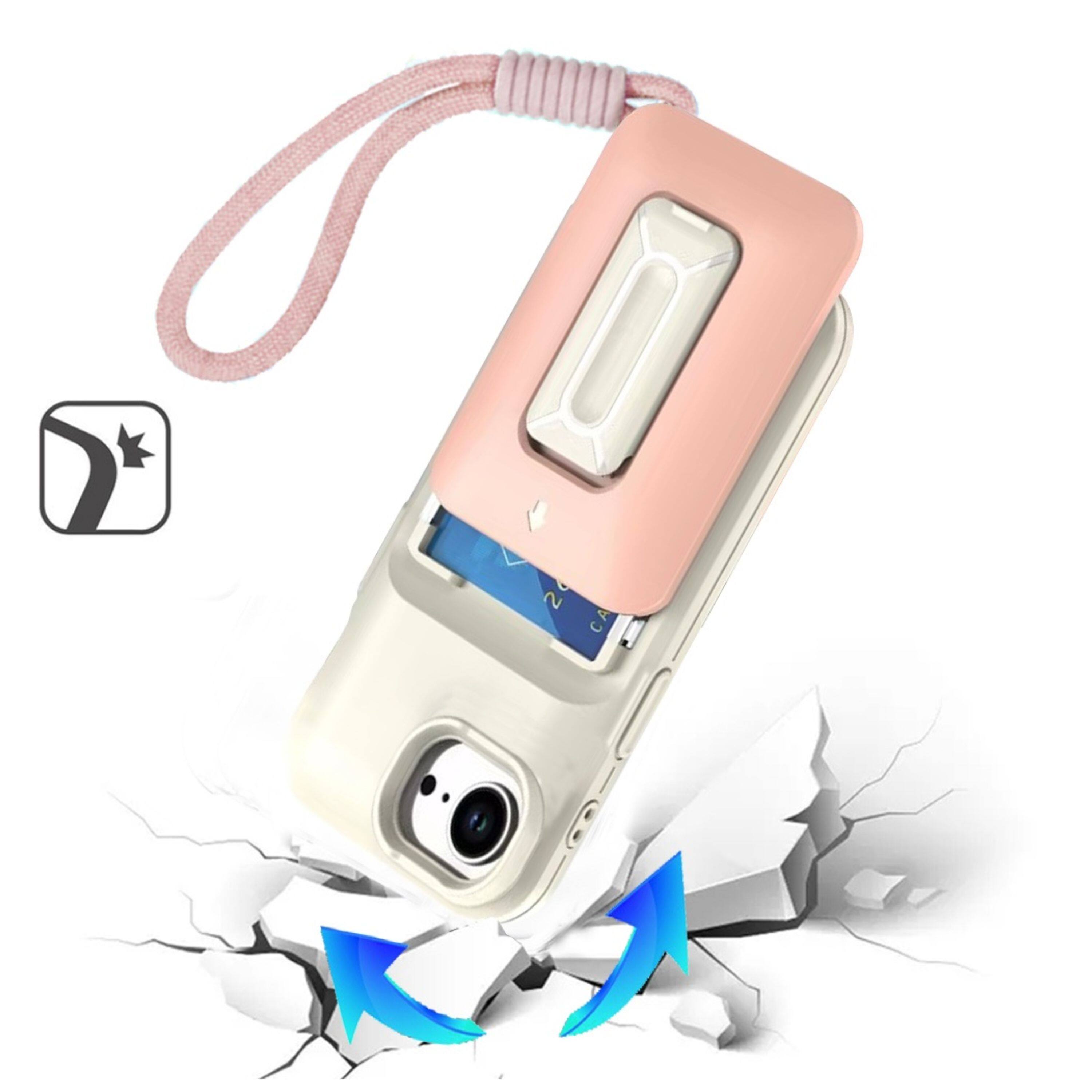 Left. Kitcheniva - Matte Finish Phone Case With Card Holder Kickstand Strap Tempered Glass For iPhone 16e/17e Beige Light Pink - Beige Light Pink.