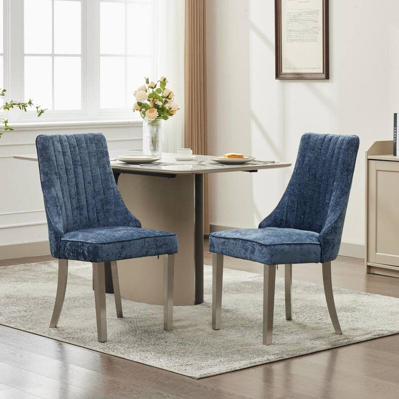 Alt View 2. HTUTWOO - Chenille Dining Chairs with Back & Curved Solid Wood Legs, Set of 2 for Dining Room, Kitchen, Home Use for Families - Blue.