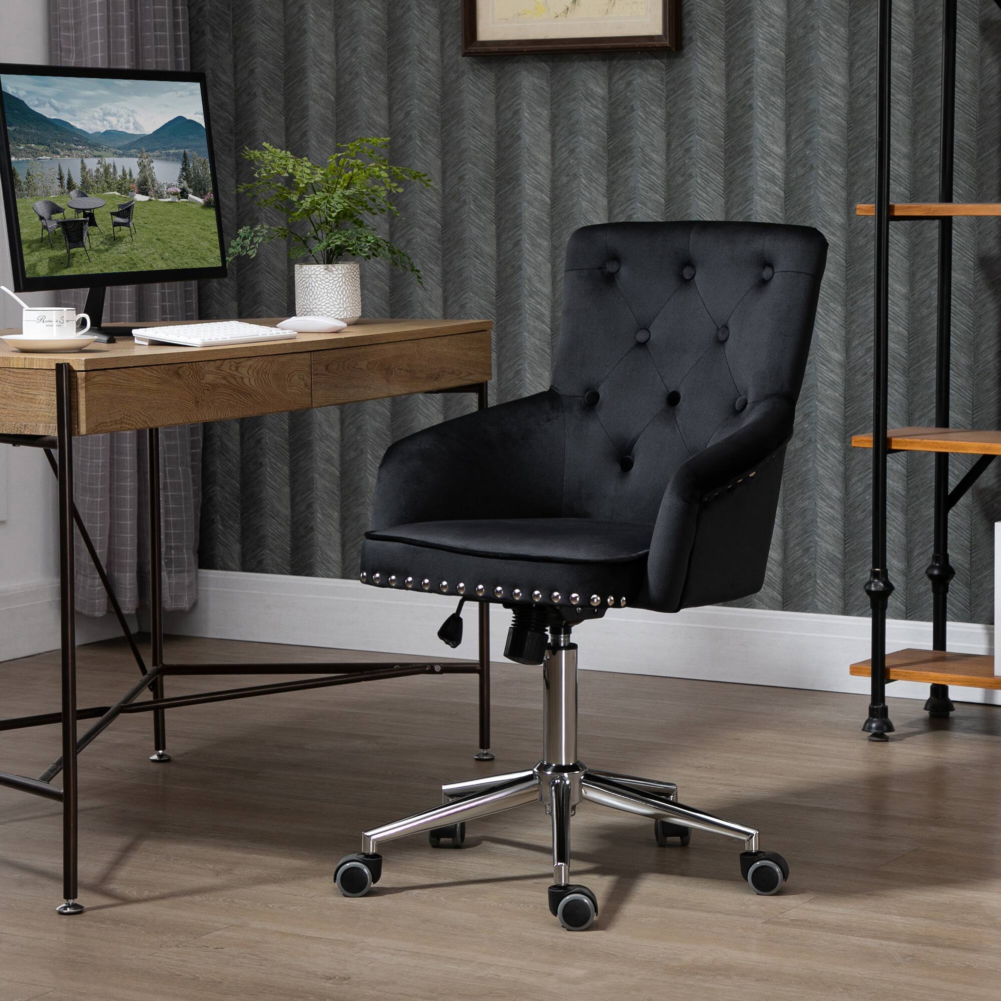 Front. Anysun - Anysun Modern Exquisite Nailhead Button Tufting Design Desk Chair with Curved Padded Armrests - Black.