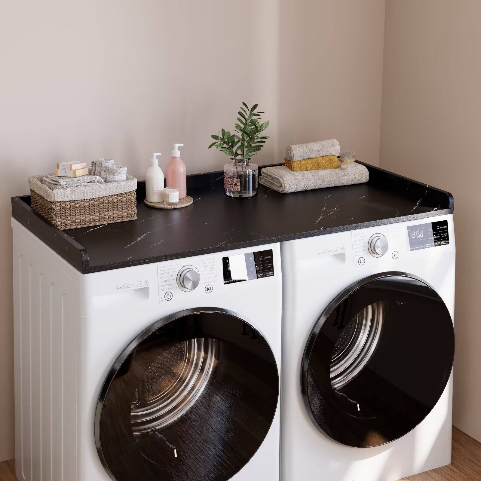 Angle. Tooloton - Washer Dryer Countertop Shelf, 54x27.5 Inch Laundry Organizer with Edge Guard, Storage Cover in Black Marble Color - Black Marble.
