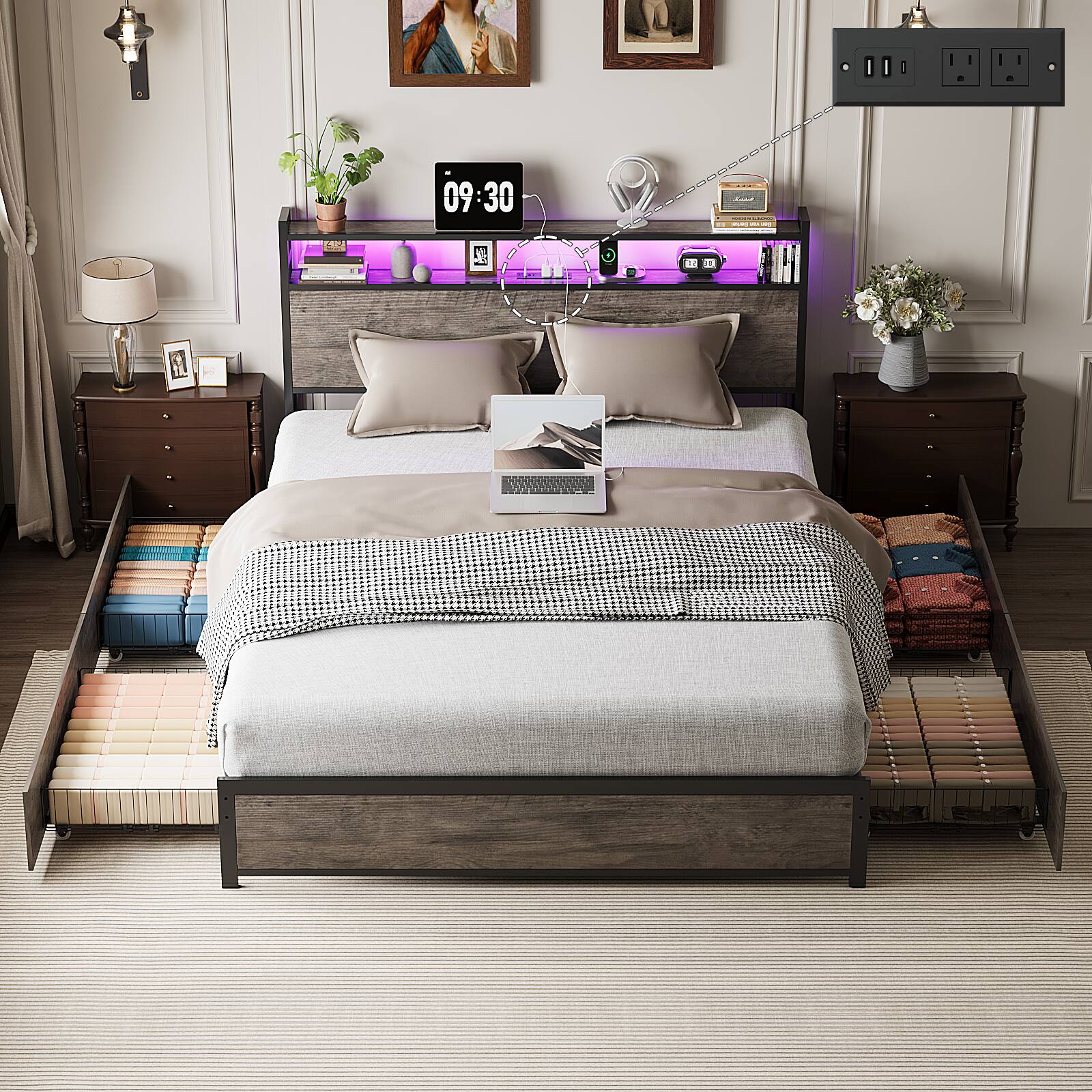 Alt View 8. Winado - Bed Frame Queen Size with 4 Storage Drawers and Storage Headboard Metal Platform with Charging Station and LED Lights - Wash Gray.