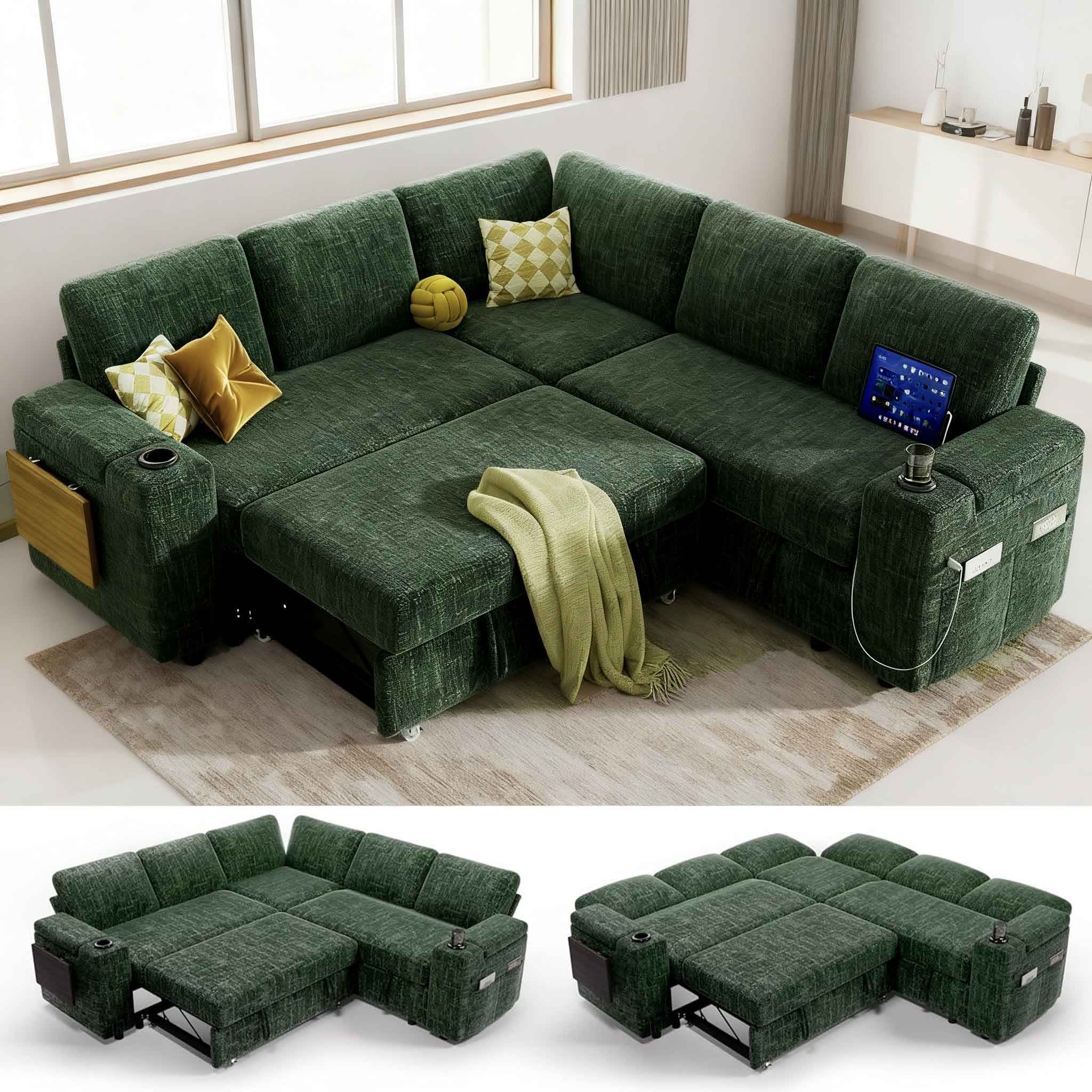 Front. Dyonery - Dyonery 85" Modular Sectional Sleeper Sofa with Pull Out Bed, 5 Seat L Shaped with Reclining Backrest,Chenille Green - Gray.