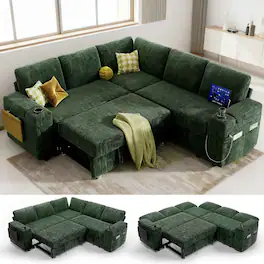 Dyonery - 85" Modular Sectional Sleeper Sofa with Pull Out Bed, 5 Seat L Shaped with Reclining Backrest,Chenille Green - Gray