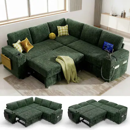 Front. Dyonery - Dyonery 85" Modular Sectional Sleeper Sofa with Pull Out Bed, 5 Seat L Shaped with Reclining Backrest,Chenille Green - Gray.
