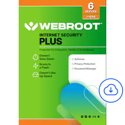 Webroot Internet Security Plus: Protection for Computers, Tablets, & Smartphones - 6 Devices, 1 Year - Antivirus, Privacy, Password Manager, iOS.