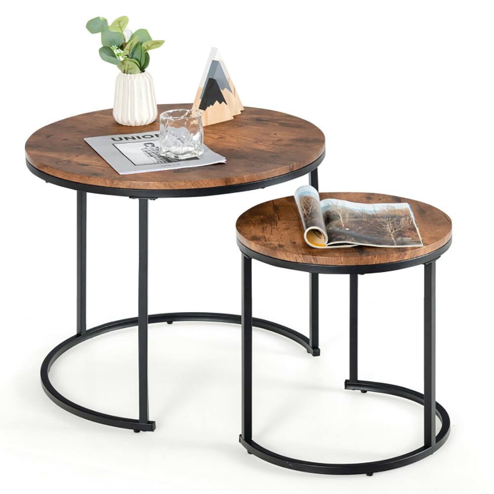 Alt View 2. Pefilos - Set of 2 Modern Round Stacking Nesting Coffee Tables for Living Room-Rustic Brown, Modern Coffee Table for Living Room - Brown.