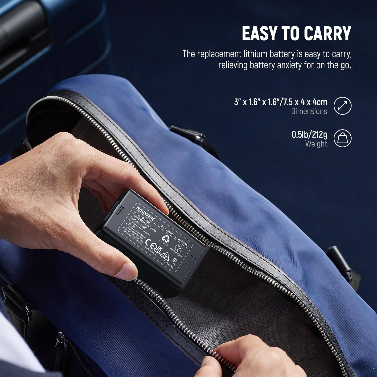 EASY TO CARRY  
The replacement lithium battery is easy to carry, relieving battery anxiety for on the go.  

3" x 1.6" x 1.6"/7.5 x 4 x 4cm  
Dimensions  

0.5lb/212g  
Weight  

NEEWER  
Model: NEEWER  

Caution: Charge only 200mA  
Rechargeable Battery CR123A  

CE, FCC, RoHS, Li-ion Battery