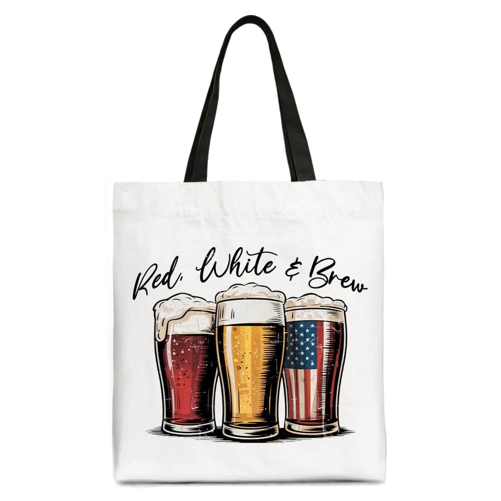 OrnamentallyYou - Red White and Brew Beer American Tote Bag, Patriotic USA 4th of July Gift Shopper - Black